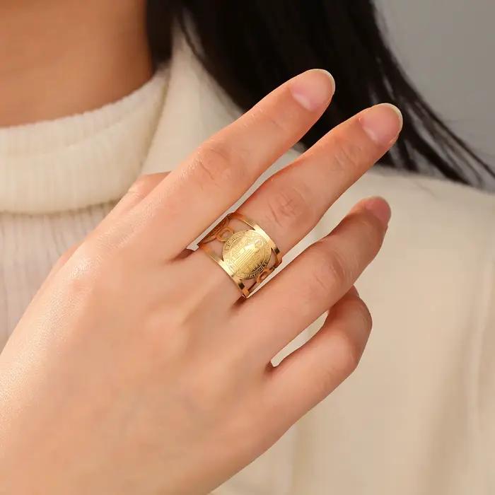 Skyrim Saint benoît de Nursia bague en acier inoxydable couleur or bague saint chrétien bijoux religieux cadeau pour hommes femmes
