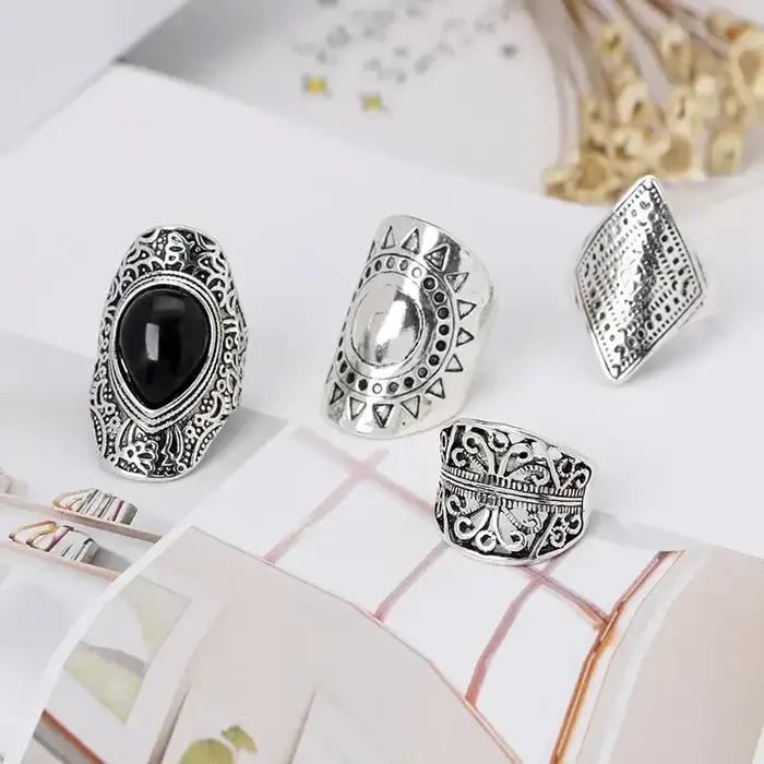 4 pièces/ensemble mode Vintage argent plaqué gitane Boho ethnique anneau creux sculpté strass Midi Knuckle anneaux femmes bijoux