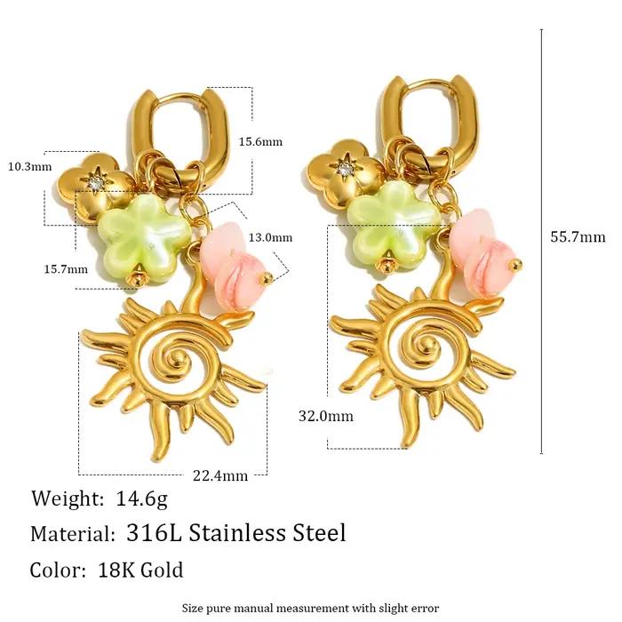 E.B.belle Charmante Petite Boucle d'Oreille Créole en Émail Rose et Vert à Motif Floral avec Pompon, Style Soleil Creux, Décoration Bijoux Estivaux