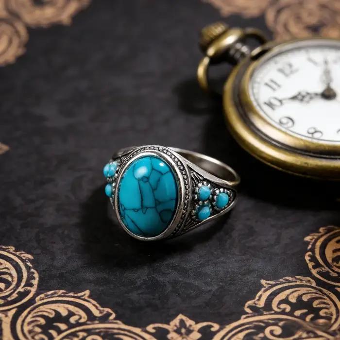 Bague en alliage plaqué argent turquoise pour femme