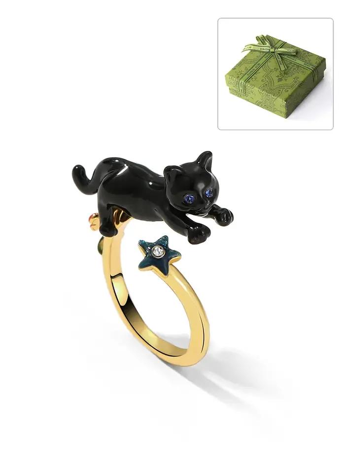 Bague réglable en émail plaqué or 18 carats fait à la main avec chat noir juteux