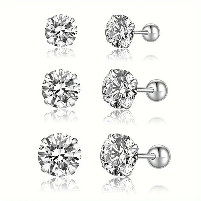3 paires de boucles d'oreilles à tige en zircone cubique, 3/4/5mm, en acier inoxydable, filetage tra