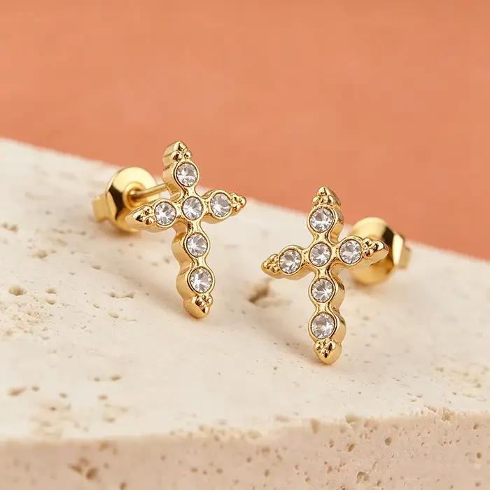 JeeMango – boucles d'oreilles délicates en zircone cubique, en forme de croix, Vintage, classiques, en acier inoxydable, plaqué or, bijoux pour femmes E26122