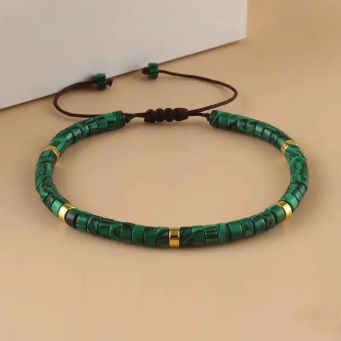 Bracelet bohème en perles de malachite naturelle, réglable à la main, adapté à un usage quotidien et