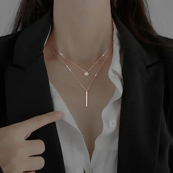 LATS – collier rond brillant, couleur or Rose, chaîne de clavicule Double couche exquise, bijoux pour femmes, cadeau, nouvelle collection