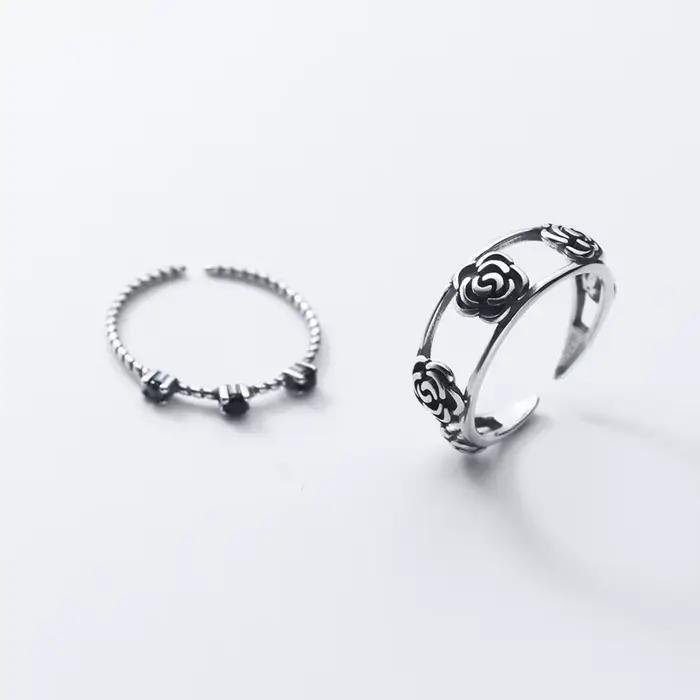 ANENJERY Rose fleur anneau ouvert pour les femmes personnalité corée Niche Design Thai argent rétro bague femme anel anillo