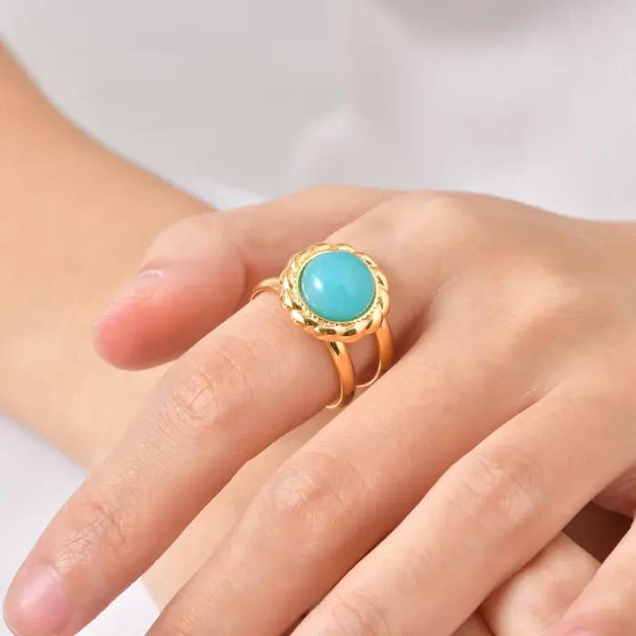 Bague Turquoise Vintage Fleur Plaqué Or Acier Inoxydable Ouverte pour Femme Bijou Tendance