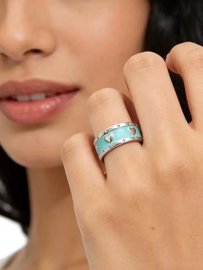 1 bague minimaliste en argent plaqué s925 avec cœur bleu émaillé