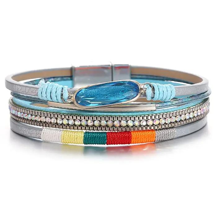 ALLYES Vintage Bracelet en cuir bleu pour femmes Boho étoile perle cristal tressé multicouche Wrap B