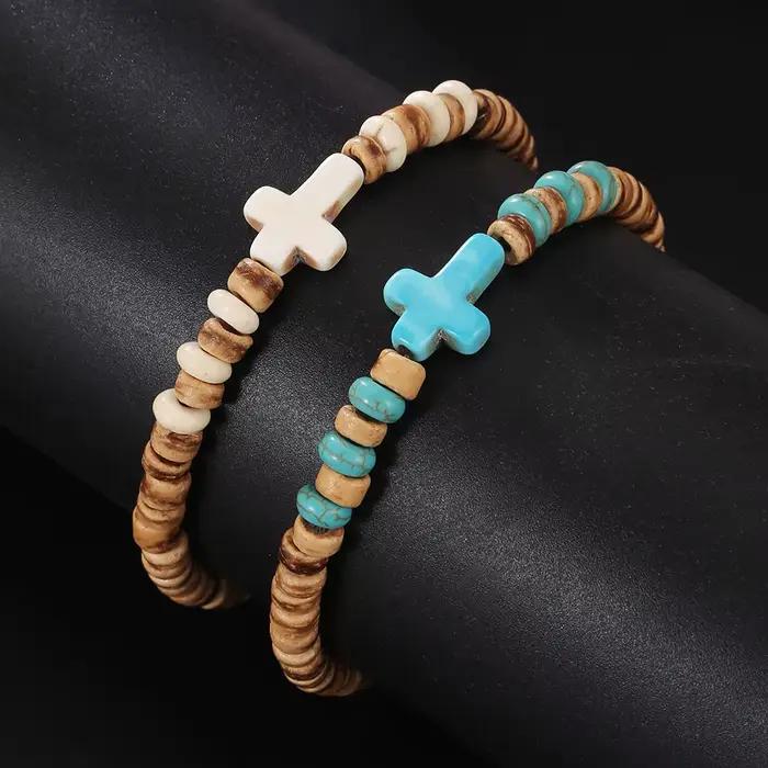 Bracelet bohème en coquille de noix de coco pour hommes, copeaux de bois, croix, rétro, fait à la main, bijoux en perles, accessoires de mode, cadeaux