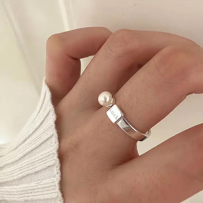 Bagues en argent Sterling 925 avec lettres géométriques en perles pour femmes et hommes
