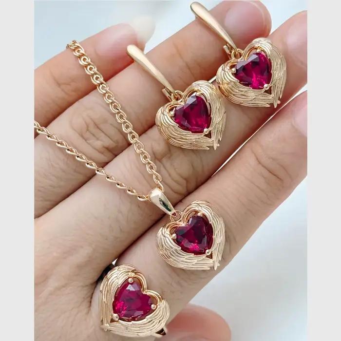 Kinel brillant rouge naturel Zircon ensemble de bijoux pour femme mode 585 couleur or Rose bague bou
