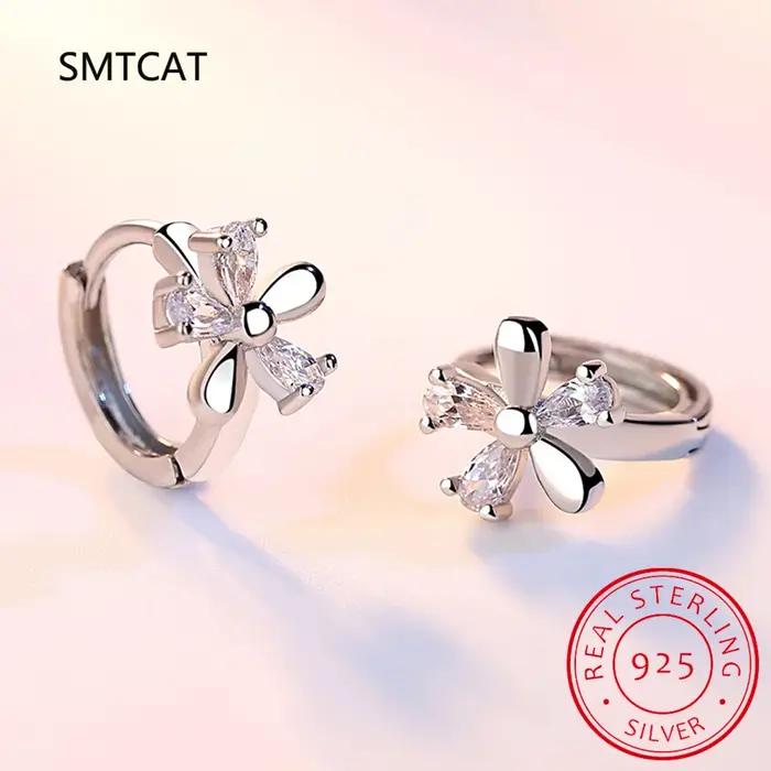Boucles d'oreilles créoles fleur de prunier CZ en argent regardé 925 pour femmes et filles