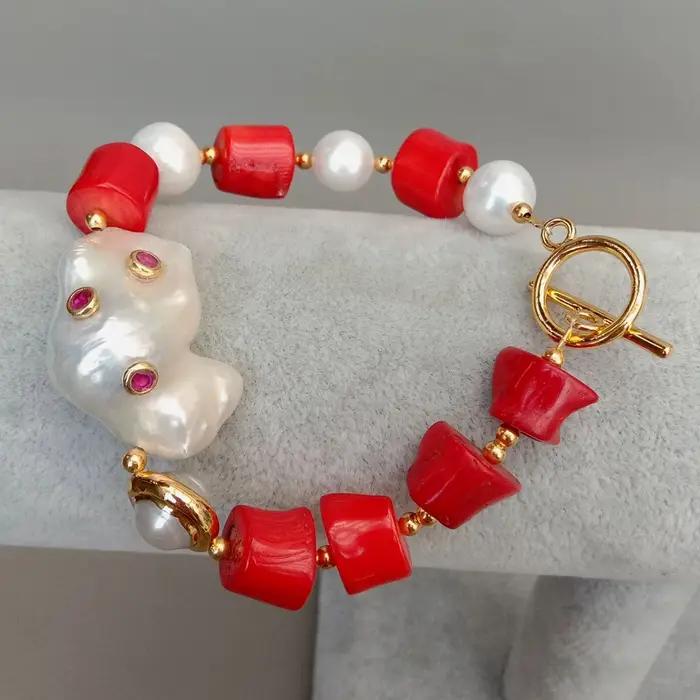 Bracelet perle de culture blanche rouge