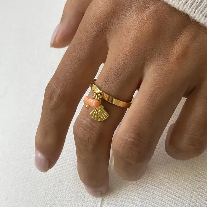 Bague pendentif en coquillage de style océan pour femmes plaqué or 18 carats bijoux d'été modernes tracker d'humeur élégants pour parties