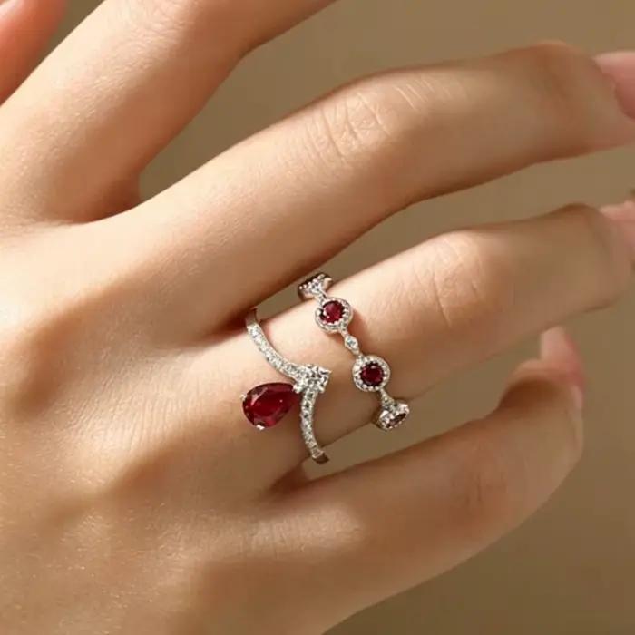 Bague Couronne Double Bande de Luxe avec Zircon Rubis Goutte d'Eau