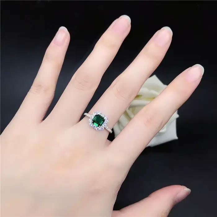 Bague en or blanc pur 18 carats pour femme, émeraude 1ct, fiançailles, or véritable, diamant vert, b