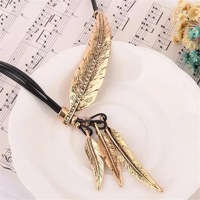 Collier Femme plume colliers et pendentifs corde en cuir Vintage Maxi Colar pour déclaration