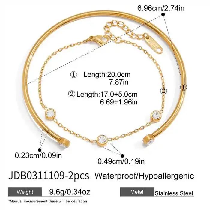 Zora 2 pièces/ensemble Bracelet chaîne en zircon Bracelet ouvert pour femmes Plaqué or 18 carats Bracelet en acier inoxydable Bracelet de mode Bijoux cadeau