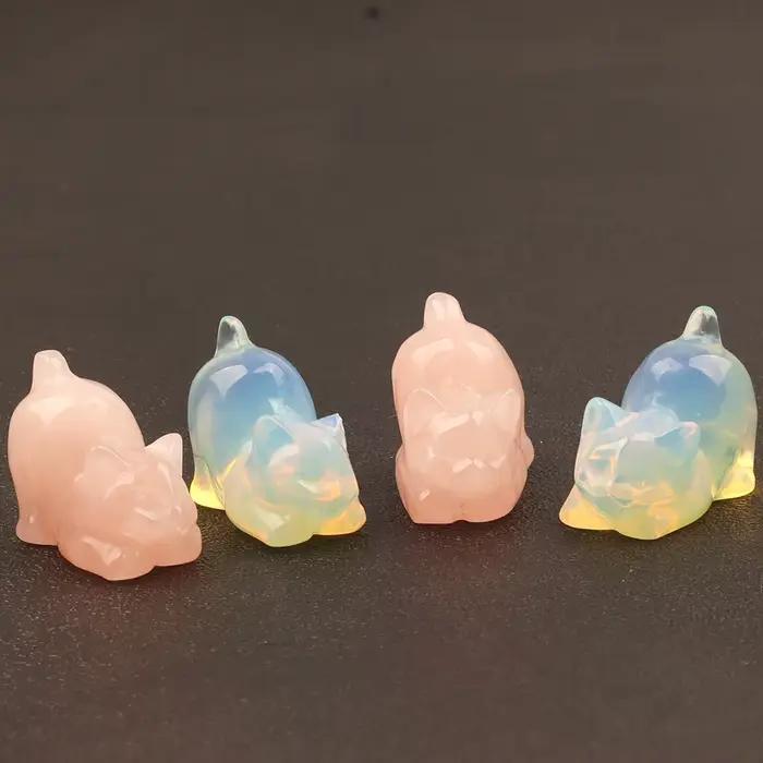 Figurine de chat mignon en quartz rose sculpté, pierre naturelle, jouet de dessin animé, mini artisanat en jade, décoration chakra en obsidienne