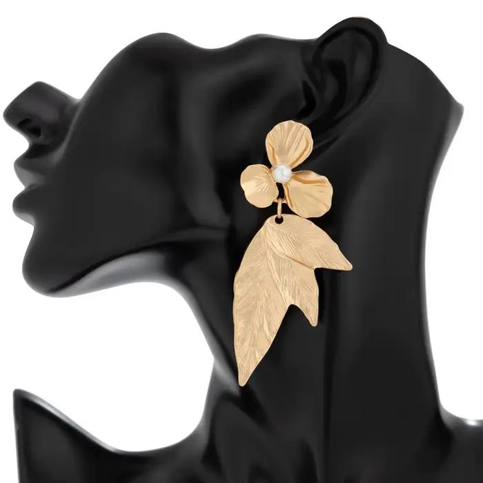 Boucles d'oreilles pendentif feuille créative de style gothique, boucles d'oreilles fleur dorée vint