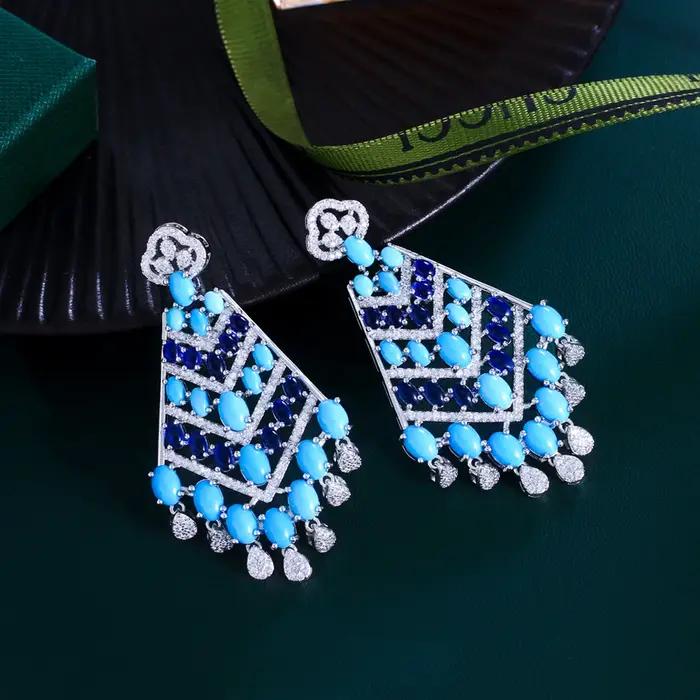 Luxe bleu Turquoise pierres grandes longues boucles d'oreilles à pampilles pour les femmes élégant Boho mariage Banquet
