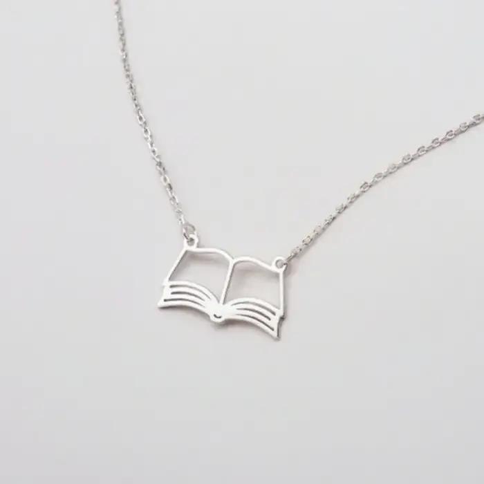 Livres de lecture pendentif collier pour femmes en acier inoxydable ver de bibliothèque étudiant bijoux tour de cou