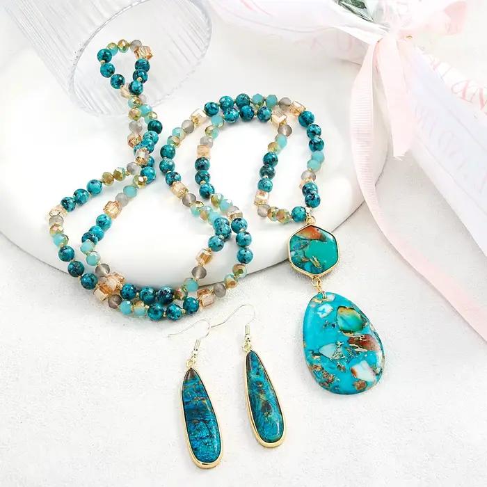 Mode bohème femmes bijoux 6mm pierre naturelle cristal verre noeud collier géométrique empereur pierre pendentif collier boucles d'oreilles