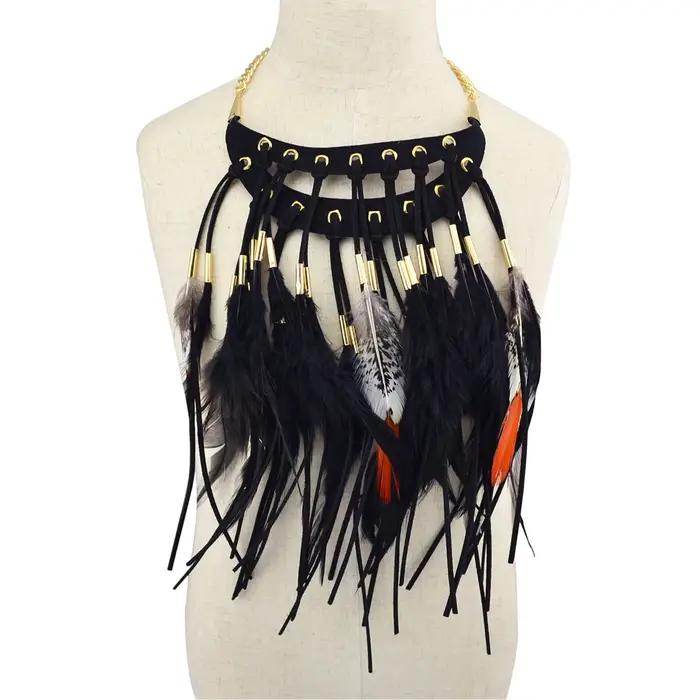 Collier Vintage Bohème à Plumes Longues et Pendentif en Cuir pour Femme Occasions Spéciales Soirées Festivals