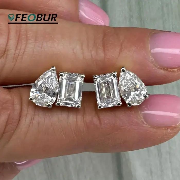 FEOBUR Boucles d'oreilles clous en moissanite à deux pierres 4 carats en argent sterling 925