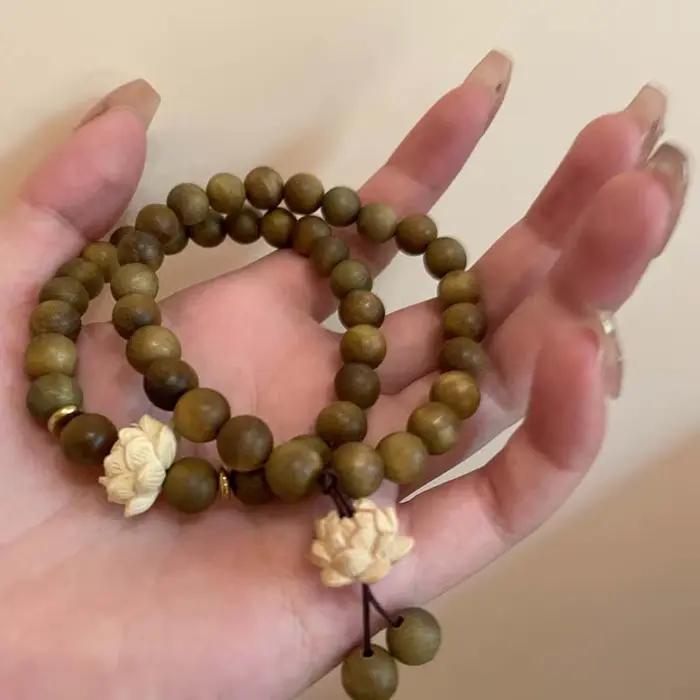 Bracelets Vintage en bois avec pendentif fleur de Lotus pour femmes et filles