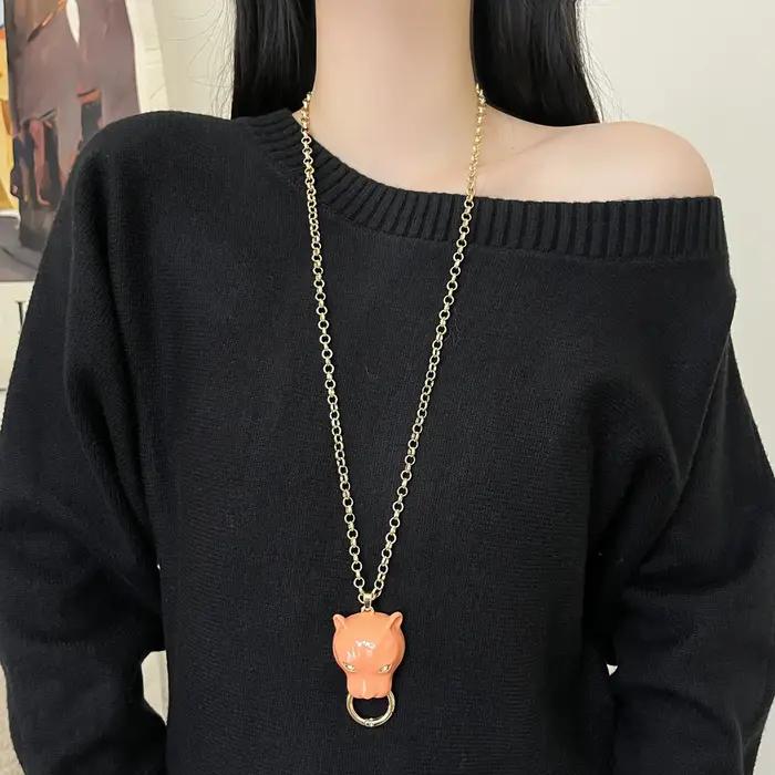 Collier chaîne de pull tête de panthère en émail pour femmes