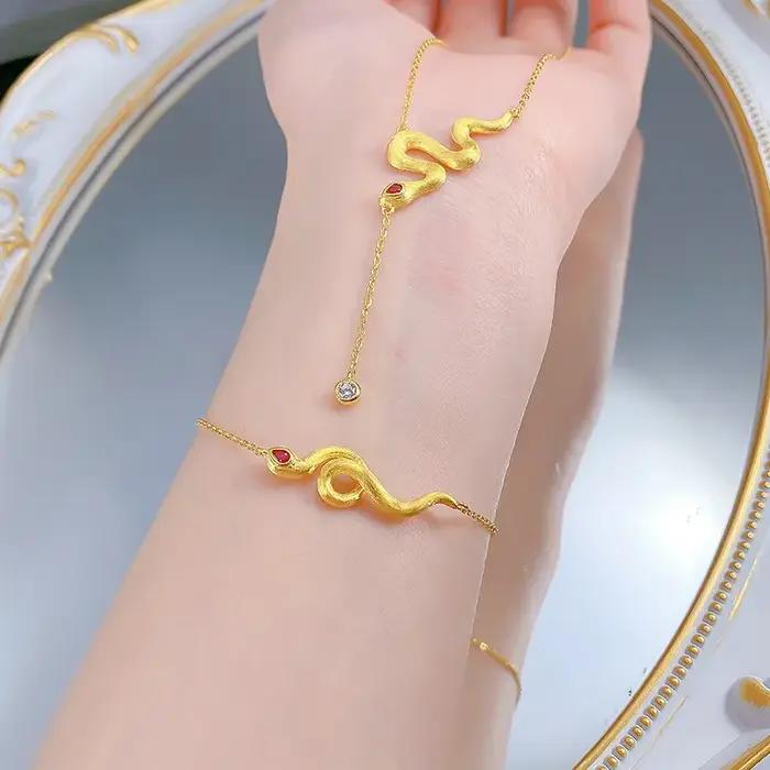 Luxe BVLG Style Vintage 18K plaqué or 925 argent rubis serpent Bracelet/collier ensemble
