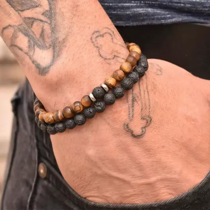 2 pièces/ensemble Couples Distance Bracelets mâle noir pierre de lave perles bracelet femme bois perles bracelets porte-bonheur femmes hommes Bracelets