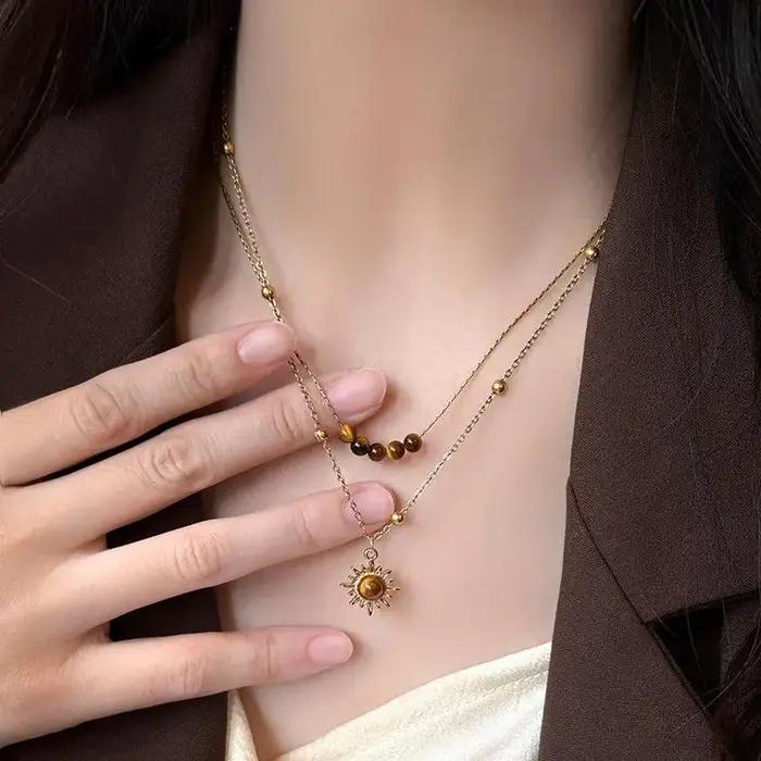 Collier en zircon étoile de soleil vintage pour femmes chaîne ras du cou pendentif double couche bijou mode occassions spéciales