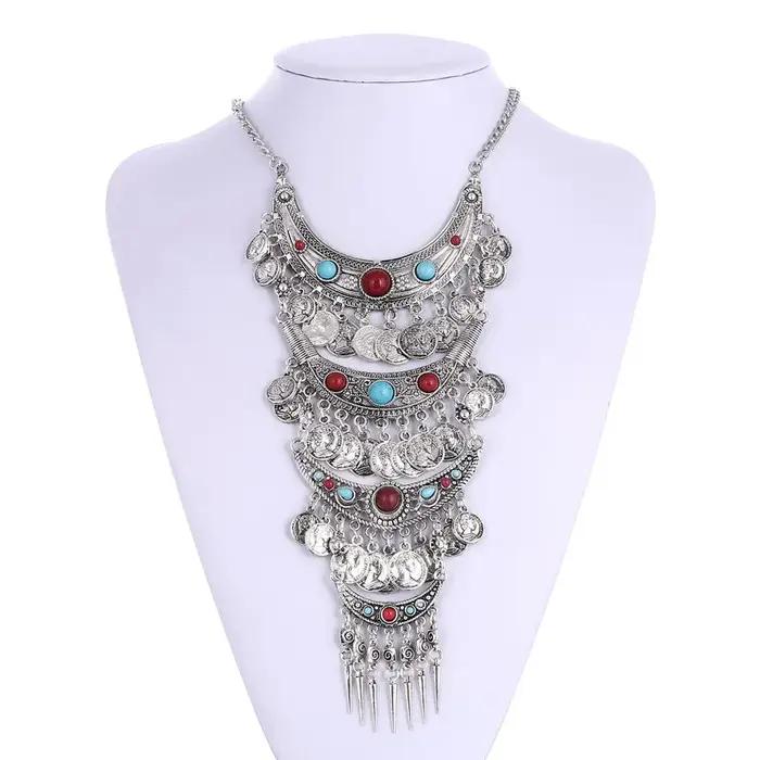 Collier multilaye vintage à la mode pour femmes, long, bohème, géométrique, plaqué argent antique et or antique pour les occasions spéciales