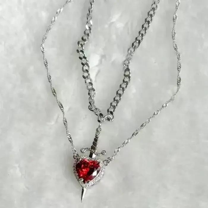 LATS 2 pièces peuvent être assemblés coeur et épée Zircon pendentif collier pour femmes hommes Couple argent plaqué or tour de cou chaîne bijoux