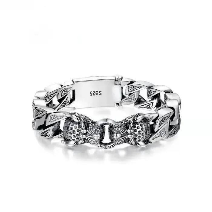 Bracelet tressé en argent S925 pour hommes, léopard, prêle, moto, rétro, Original, fait à la main, b