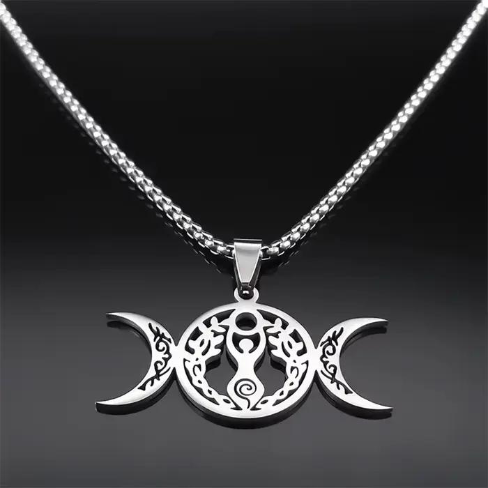 Sorcière Triple lune déesse Luna collier pour femmes hommes acier inoxydable couleur argent amulette Hecate chaîne