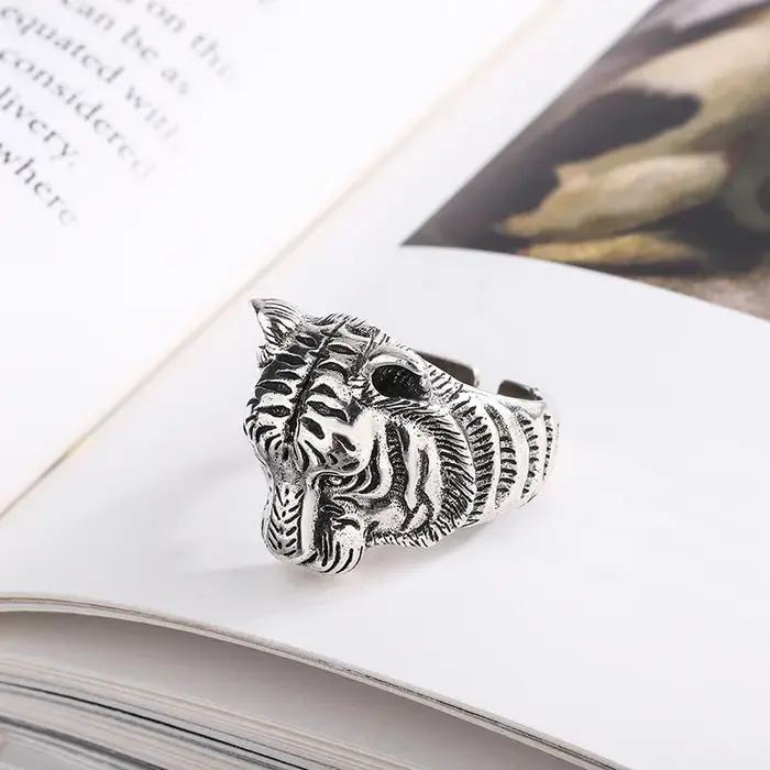 Bagues réglables en argent sterling 925 avec motif tigre pour femmes