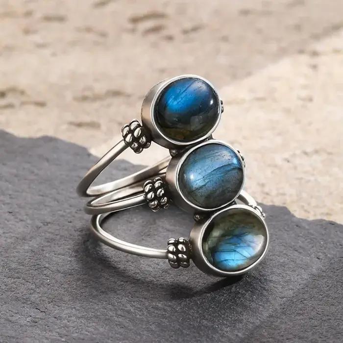 Bague Vintage en Argent Sterling 925 Sertie de Labradorite Naturelle Ovale Idéale pour Femmes Occasions Spéciales