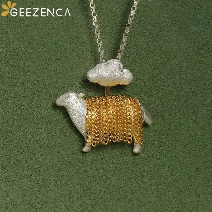 GEEZENCA 925 argent Sterling deux tons 3D mouton collier pendentif femmes mignon Animal Unique délicat cadeau pendentifs sans chaîne