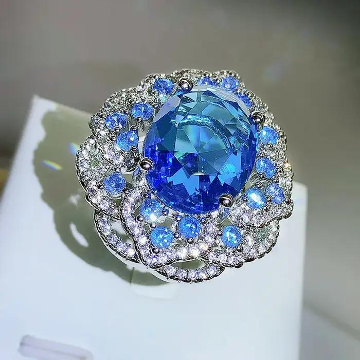 Bague à grandes fleurs en Zircon bleu scintillant pour femme, haute qualité, argent 925, mode, deman