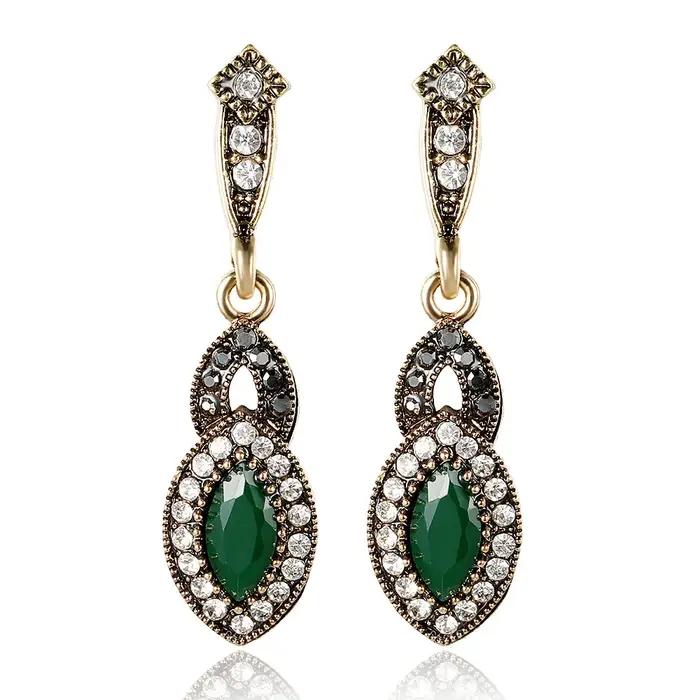 Boucles d'oreilles vintage créatives en alliage avec cristaux et émeraudes incrustés, style géométri