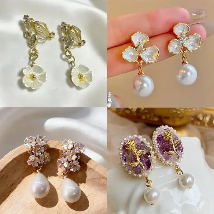 No Piercing oreille Clips femmes-Rétro français blanc pétale fleur larme perle pince sur boucles d'oreilles élégant doux quotidien fête bijoux