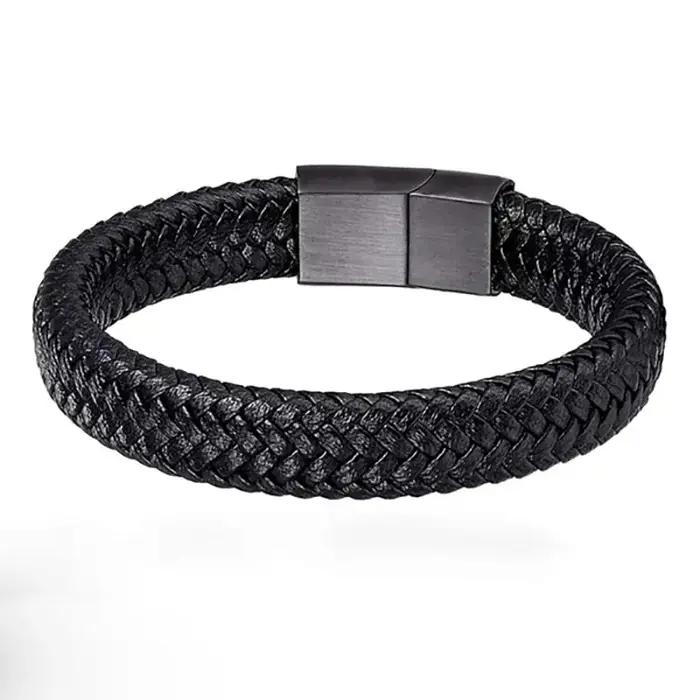 Bracelet en cuir noir PU pour hommes avec fermeture magnétique élégant et robuste pour tous les jours et occasions spéciales