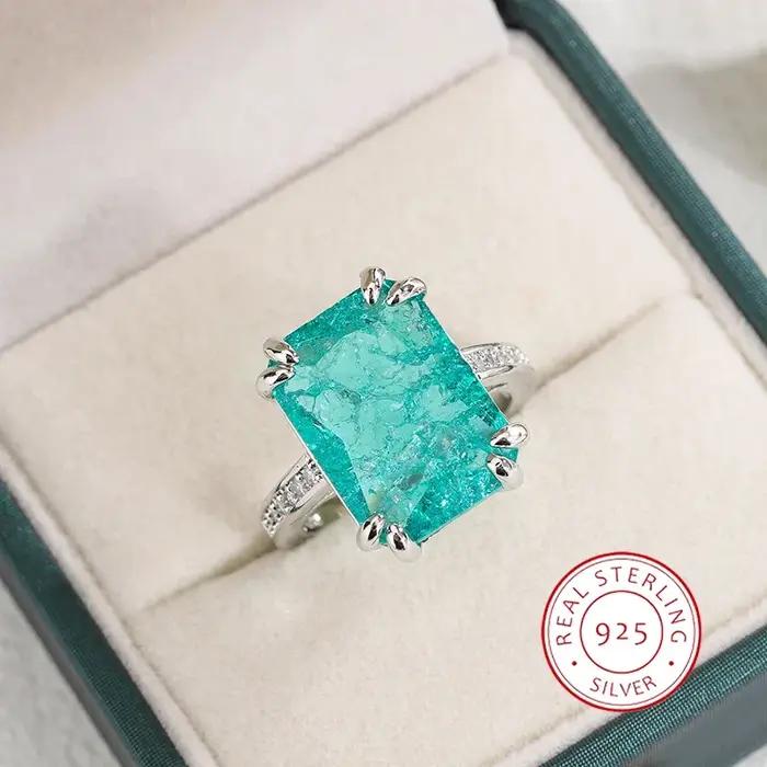 Bague Moissanite plaquée argent 925, exquise, bleu vert, scintillante, de luxe, ouverte, bijoux cade