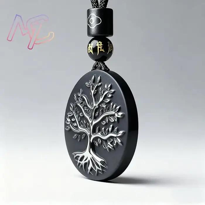 Collier Pendentif Arbre de Vie en Obsidienne Naturelle Vintage pour Femme Occasions Spéciales Bijou de Style Classique