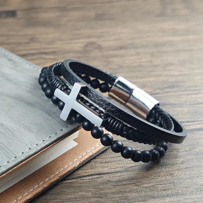 Bracelet croisé en cuir tressé multicouche pour homme