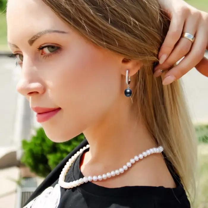 Boucles d'oreilles en perles naturelles noires véritable pour femme